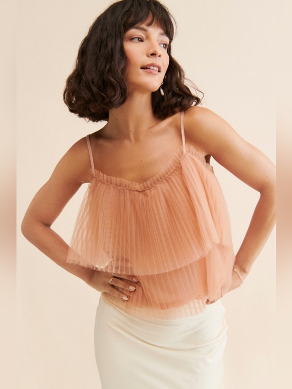 Anthropologie Peach Pleated Tulle Tank Top Women's Extra Small
